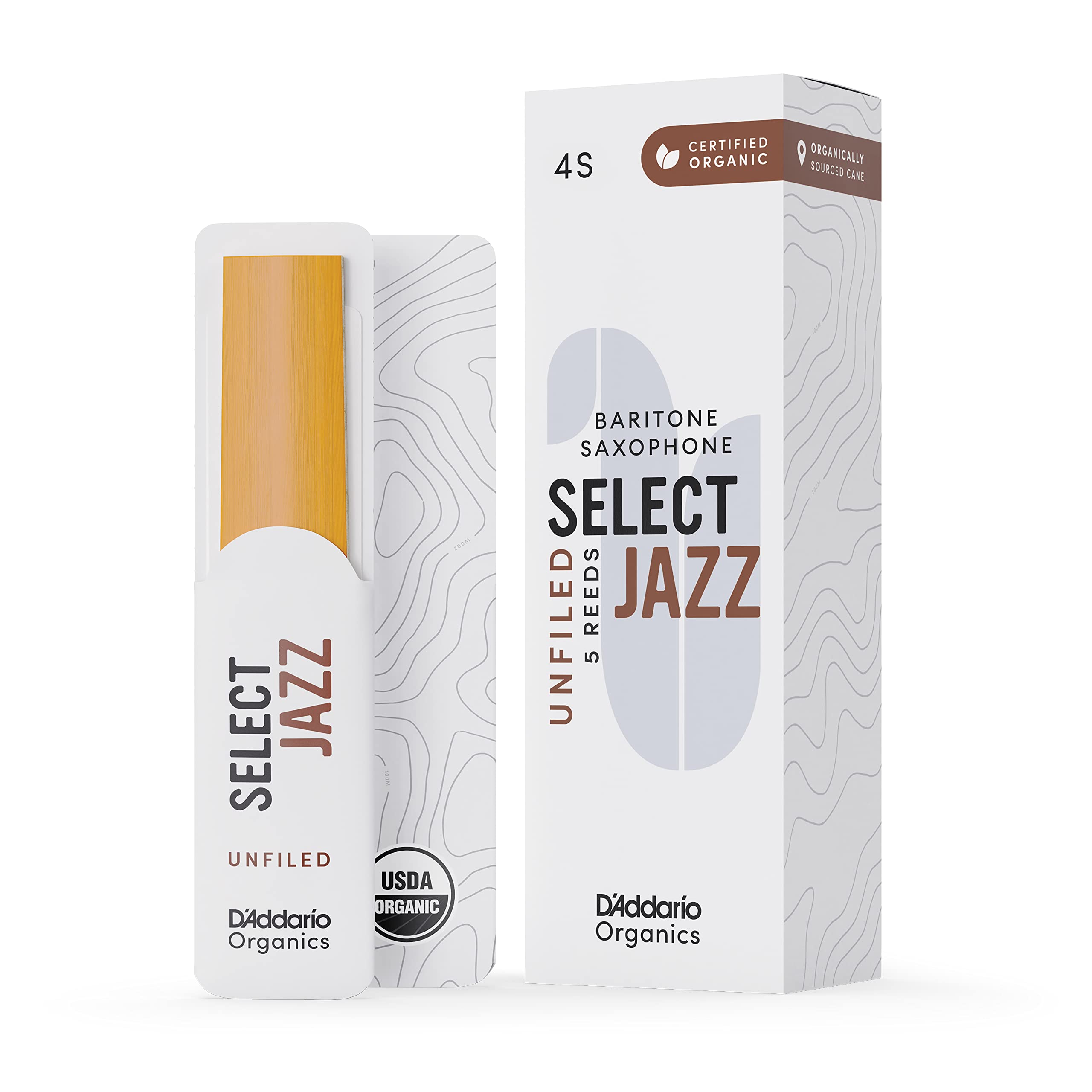 D'Addario ORRS05BSX4S Organic Select Jazz Unfiled Baritone Saxophone Reeds - Sax Reeds - Individually Sealed - 4 Soft, 5 Pack
