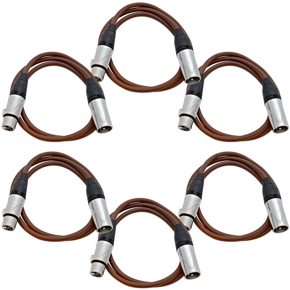 Seismic Audio – 6 Pack of 3 Foot Brown XLR Patch Cables – 3 Pin Male to Female Microphone Cords – 3′
