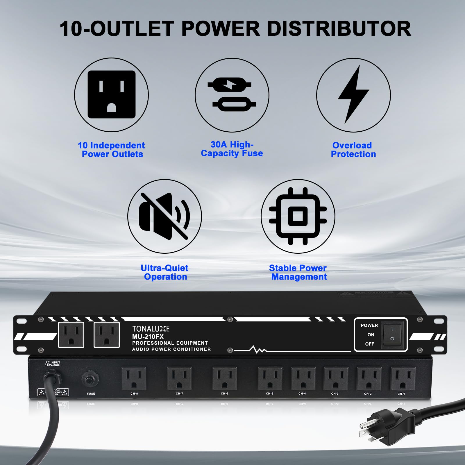 TONALUXE Power Conditioner for Audio Equipment, 10 Outlets 30A Rack Mount Audio Digital Pro Power Supply Controller Regulator for Home Theater Sound System Stage Studio (MU-210FX)