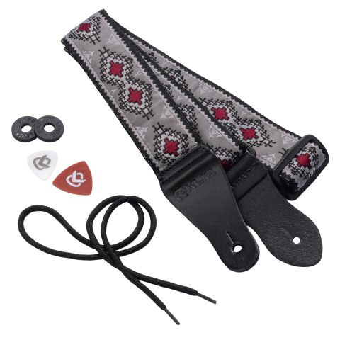 KLIQ Vintage Woven Guitar Strap for Acoustic and Electric Guitars + 2 Free Rubber Strap Locks, 2 Free Guitar Picks and 1 Free Lace | ’60s Jacquard Weave Hootenanny Style | Navajo Gray/Wine