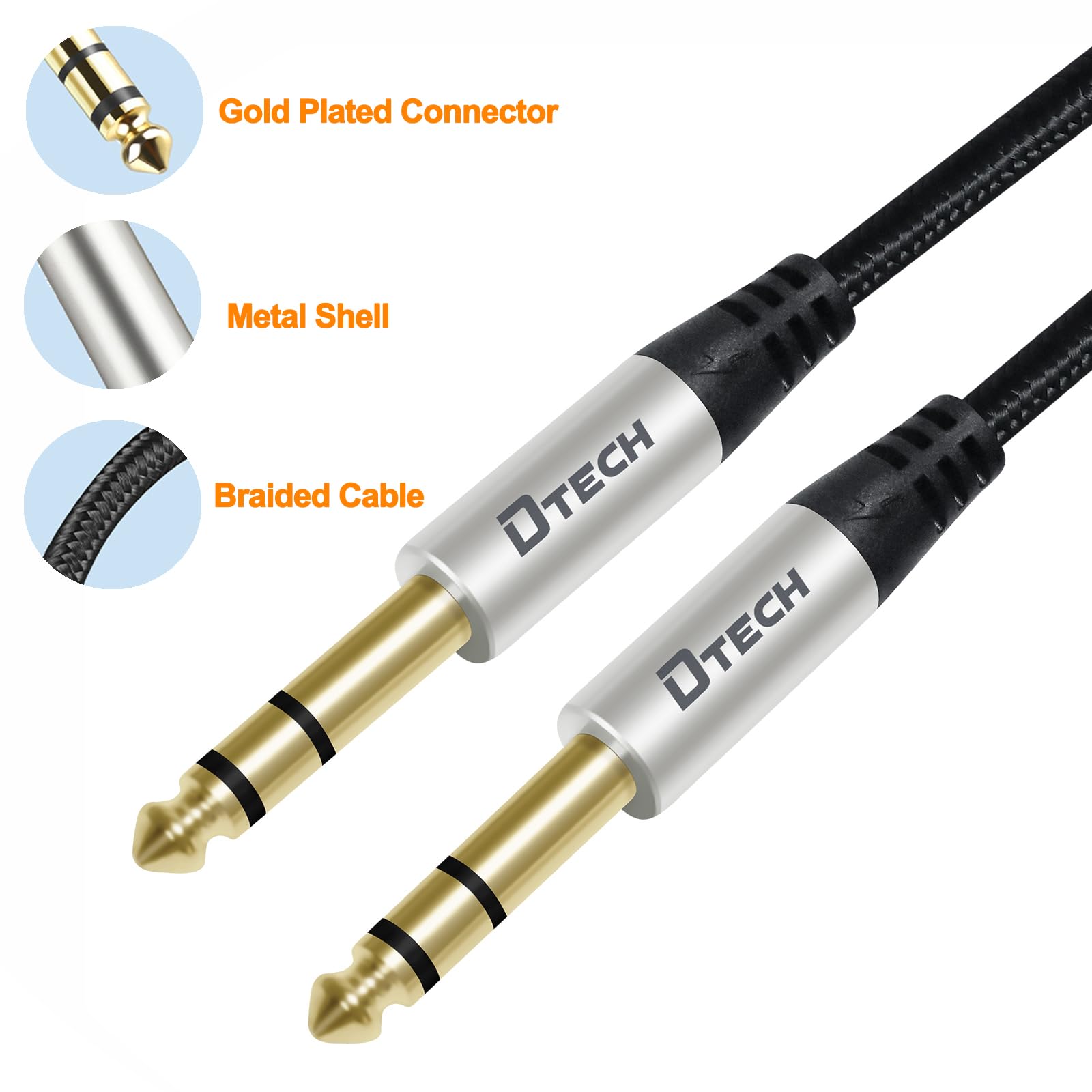 DTECH 3ft Electric Guitar Cable TRS 1/4 Instrument Cord Aux Balanced Stereo Jack Quarter Inch 6.35mm for DJ Speakers Amplifier Bass Studio Audio Monitor Mixer