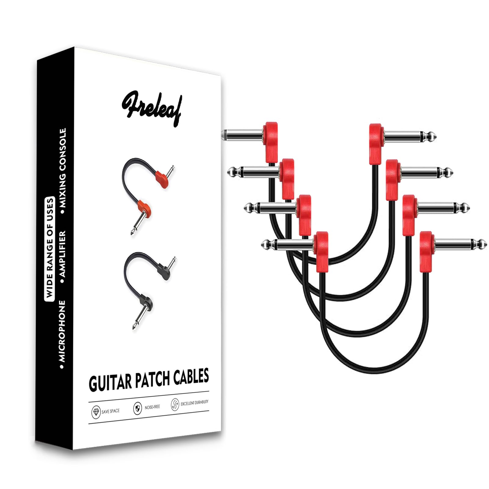 Freleaf Professional Flat Guitar Patch Cables, Noise Free, Save Space, 1/4″ TS Right Angle for Guitar Effect Pedals, 6IN 2 Pack, Red