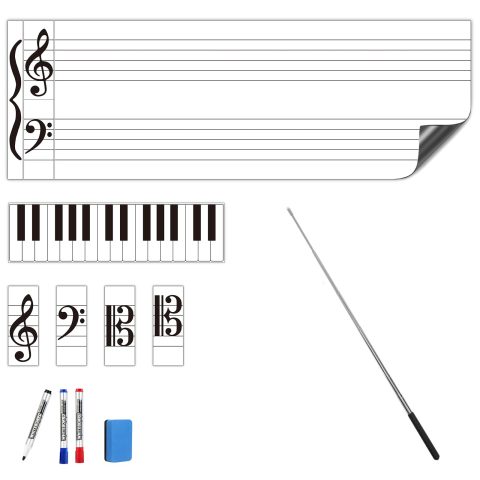 Bintomo Large Magnetic Dry Erase Music Staff Whiteboard, 46.5″x16″ Magnet Sheet with Freely Assembled Music Clefs and Piano Keyboard Magnet for Teachers, Musicians, Students, Music Classroom Supplies