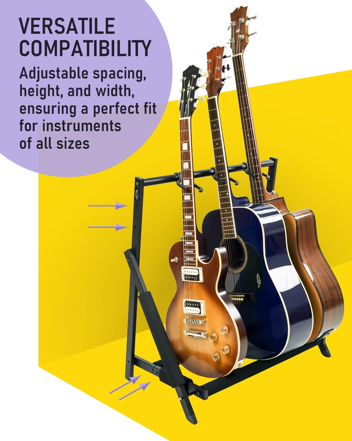 Stage Rocker Multi Guitar Stand, Foldable 3 Holder Rack with Adjustable Height & Width, Easy Assembly & Storage, Reliable Soft Foam Padding to Protect Acoustic or Electric Guitars & Basses, Black.