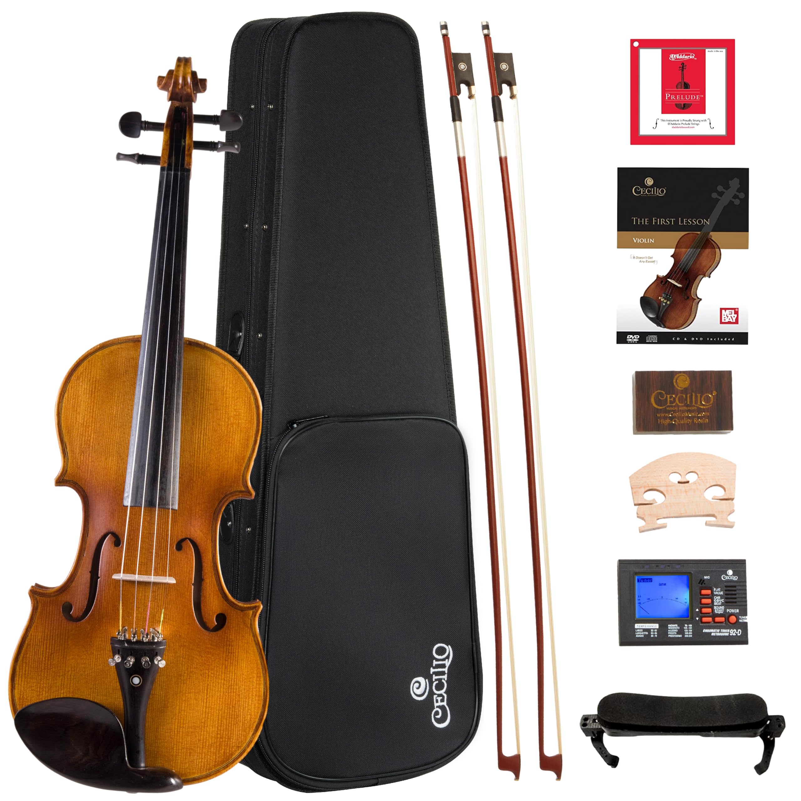 Cecilio CVN-500 Solidwood Ebony Fitted Violin with D’Addario Prelude Strings, Size 1/4