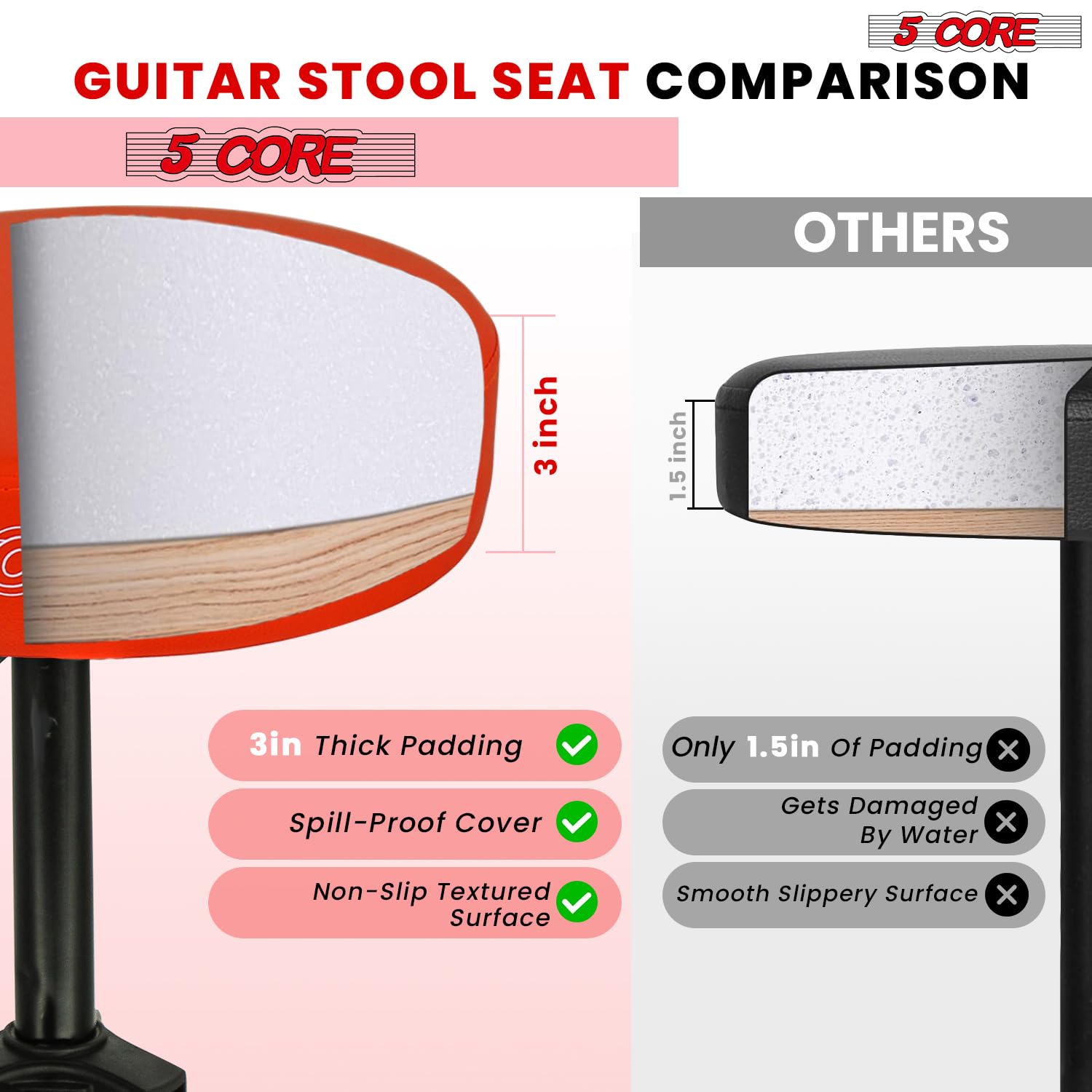 5 CORE Drum Throne Thick 3″ Padded Drum Seat Height Adjustable Drumming Stools with Anti-Slip Feet Musician Chair for Adults and Kids Drummers Orange – DS 01 ORG