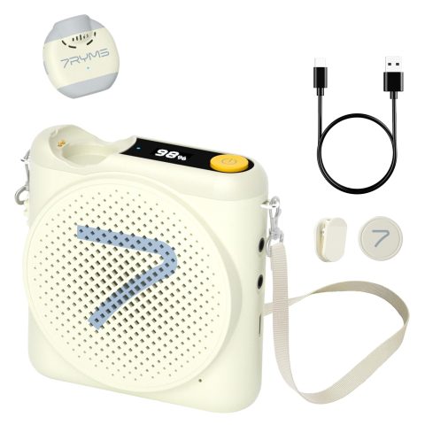 7RYMS WA2 Wireless Voice Amplifier for Teachers with Magnetic Lavalier Mic, Wireless Portable Amplifier with Noise Canceling, Mini Voice Amplifier for Classroom, Meeting, Training, Speech (White)