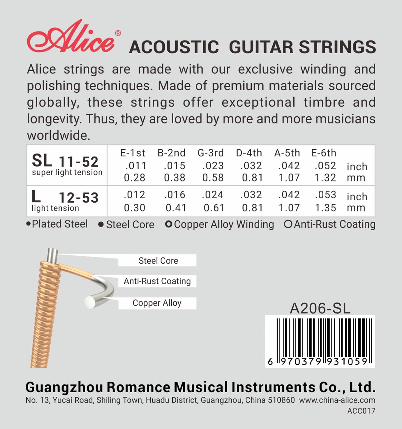 Alice Acoustic Guitar Strings Set – 6-String for Beginner, Briliant Steel Copper Alloy in Phosphor Bronze Color, 3 Packs (A206 Super Light)