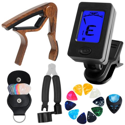 Acoustic Guitar Accessories Kit, Electric Tuner Clip on, 30 Pieces Guitar Picks, Rosewood Color Metal Capo and a String Winder, Fit for Bass, Violin, Ukulele Chromatic, Guitar Beginners Gifts