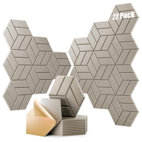 OTUOER 22Pcs Acoustic Panels with Self-adhesive, 12″X 10″X 0.4″ Sound Proof Foam Panels for Walls, Hexagonal Soundproof Wall Panels High Density, Sound Panels for Home Studio Office (Camel)