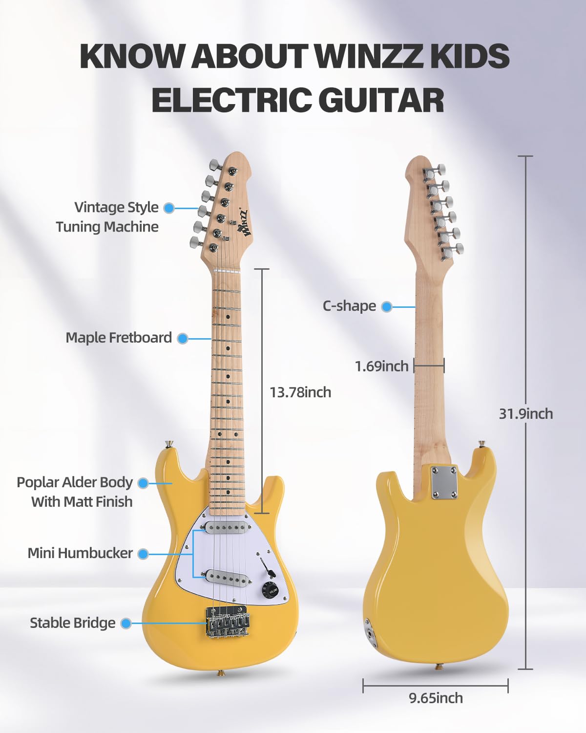 Winzz 30 Inch Kids Electric Guitar Beginner Kit, Junior 1/4 Size Mini Electric Guitar for Children Complete Stater Set with Amp, Gloosy Yellow Colour