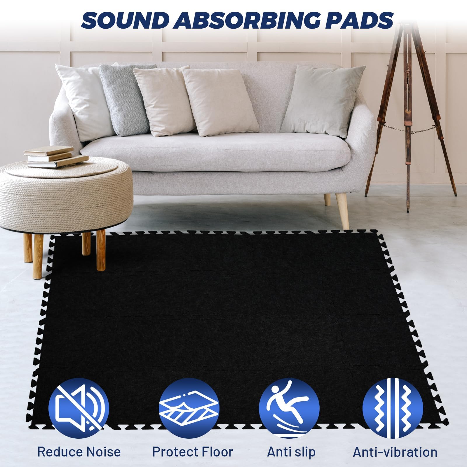 Focusound 20Pcs Sound Absorbing Interlocking Drum Rug, 11.8 x 11.8 x 0.4 inches High Density Soundproof Floor Mats, Non-Slip Anti Vibration Piano Carpet Drum Mat for Music Studio, Black