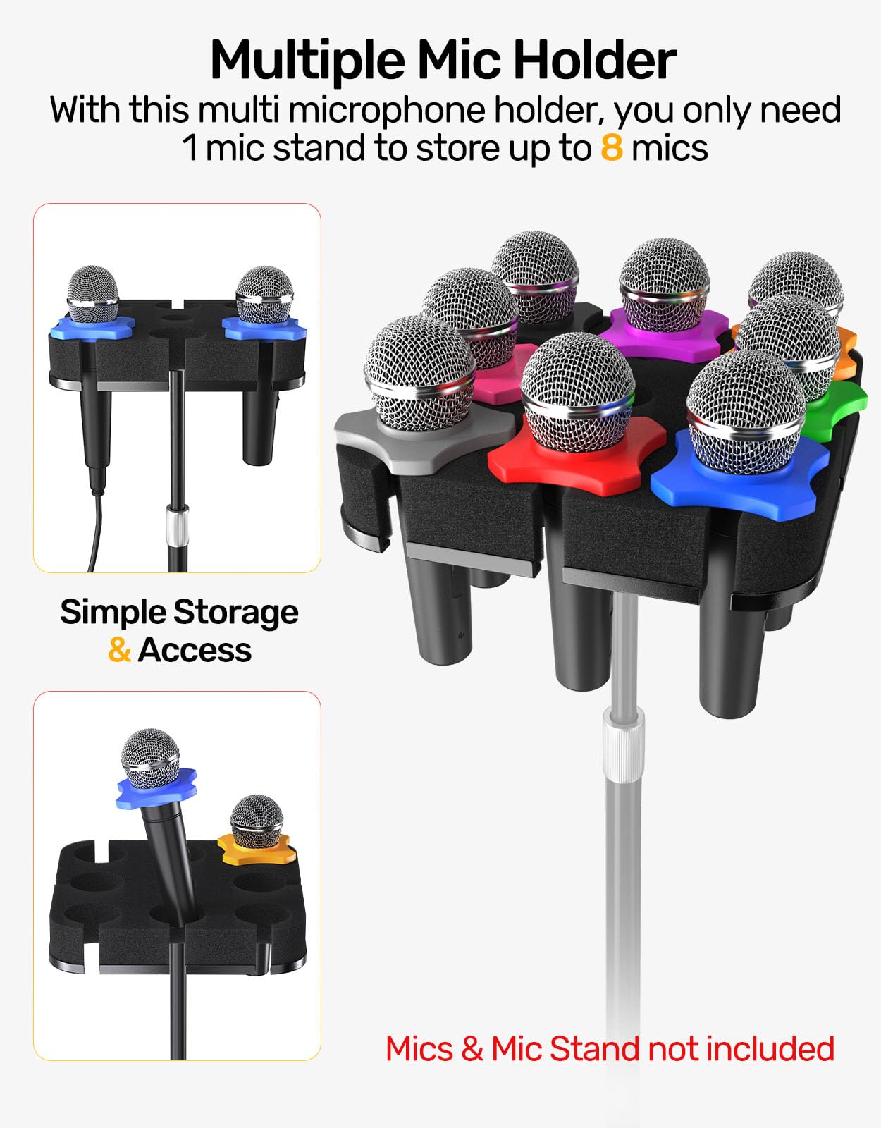 Multi Mic Holder for Stand, Organizer for 8 Mics, Aluminum/Foam Protection