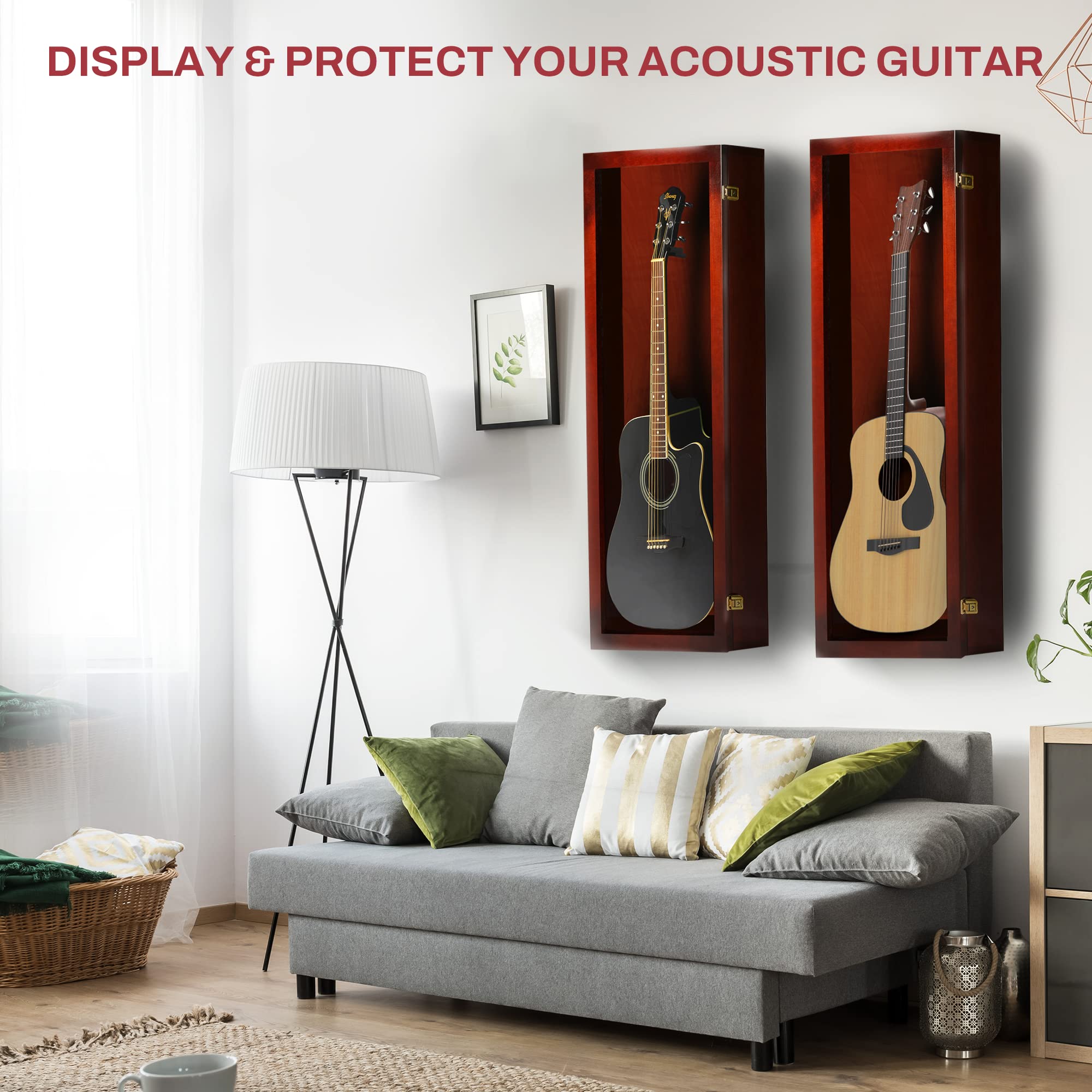 PENNZONI Acoustic Guitar Display Case – Acrylic Acoustic Guitar Case – Guitar Display Case Wall Mount Made from Hardwood Frame & Clear Acrylic – Cherry w/No Felt