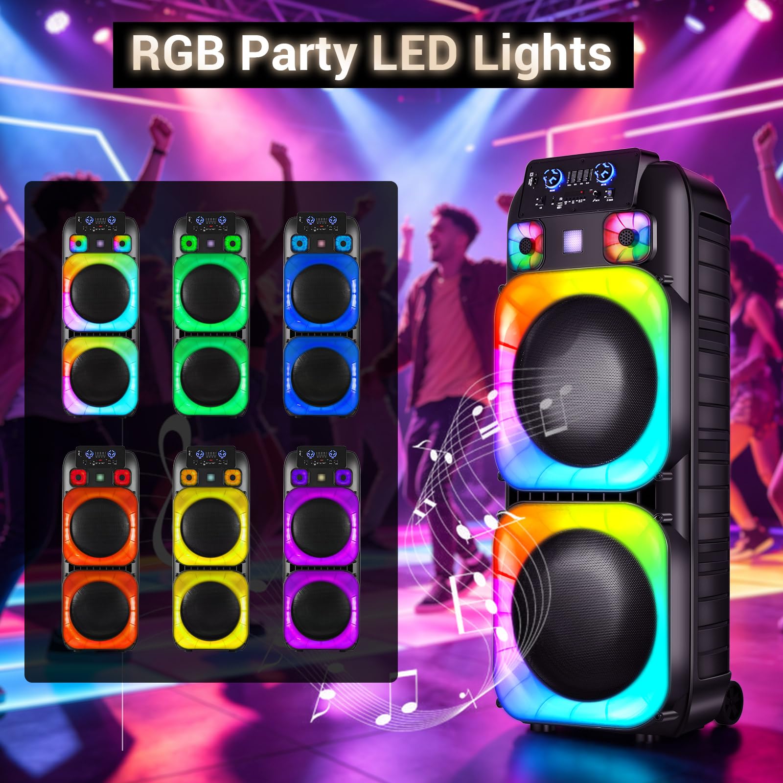 ROXAAN Dual 15″ Party Bluetooth Speaker with 7-Color LED Lights, FM Radio