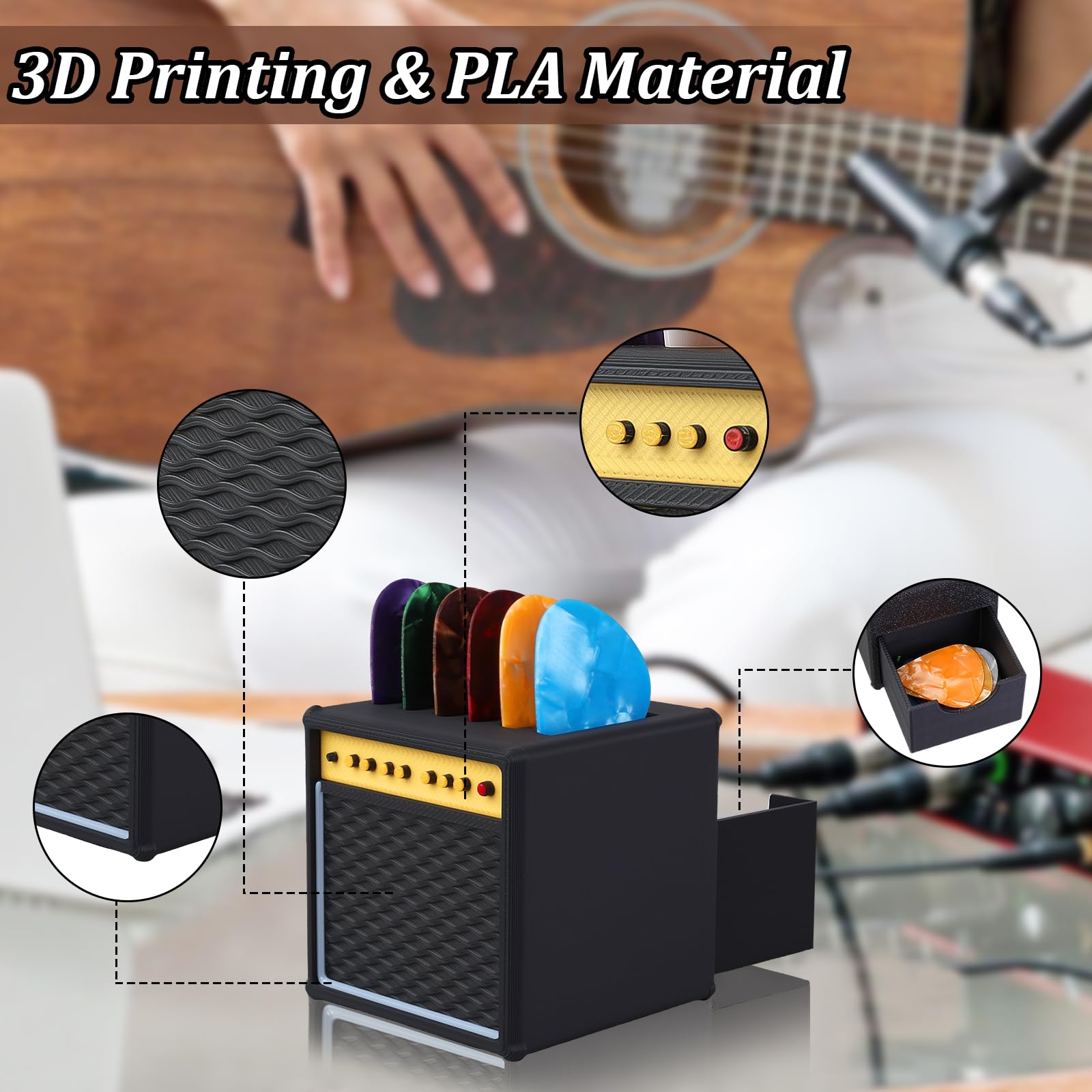 Dexspoeny 22Pcs Guitar Picks Holder Box, Vintage Amp Guitar Pick Holder with 21 Celluloid Guitar Picks, 3D Printed Retro Pick Storage Box & Display Stand for Guitarists and Music Enthusiasts