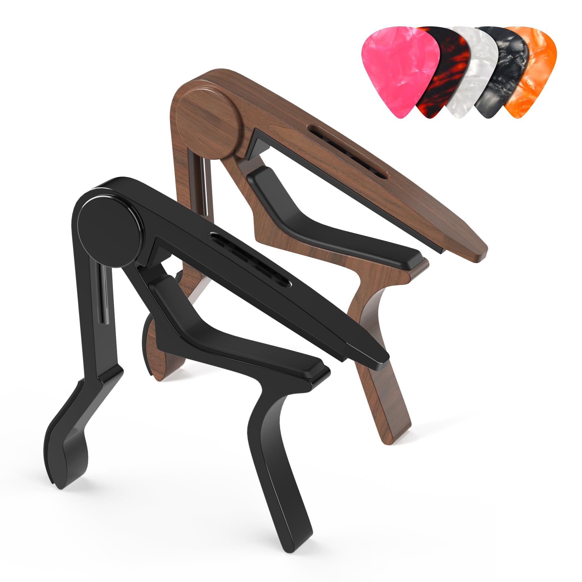 Capo, Guitar Capo with Pick Holder and 5 Picks, Guitar Clamp, Guitar Kapo, Capo for Acoustic & Electric Guitar, Ukulele, Banjo, Mandolin (Black & Rosewood)