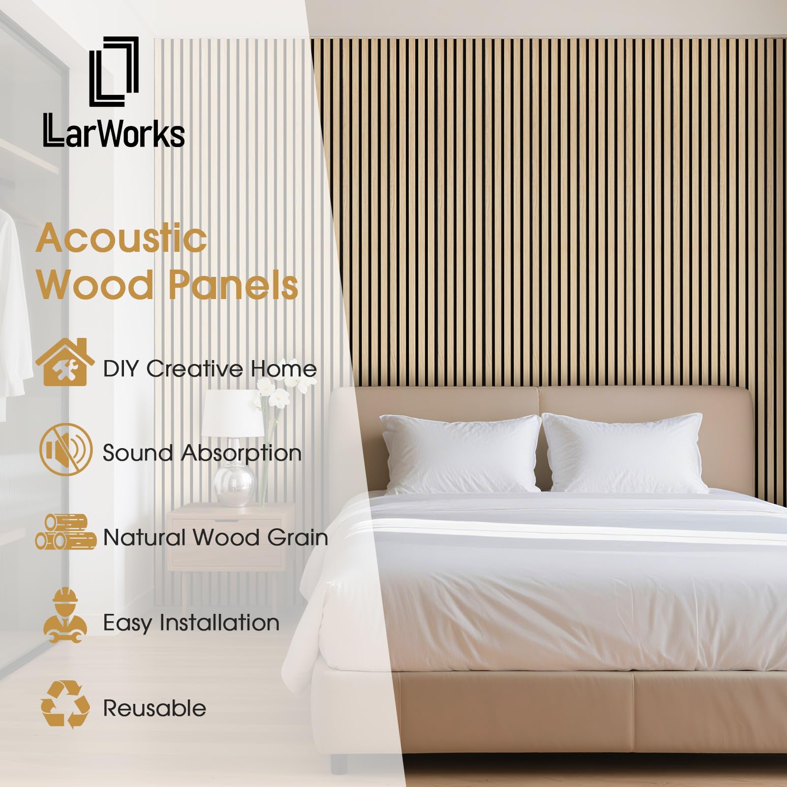 LARWORKS 4 Pack 108’’x12.6’’ Fluted Acoustic Wood Slat Wall Panels, Oak