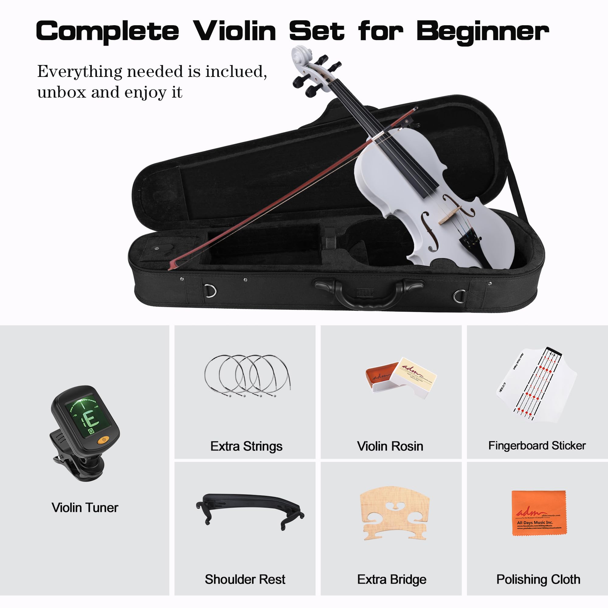 ADM Acoustic Violin for Kids Beginners, 3/4 Size Acoustic Violin Fiddle for Teens Students Violin Starter Kit with Hard Case, E-Tuner, Rosin, Shoulder Rest, Bow, Extra Strings, Free Lessons, White