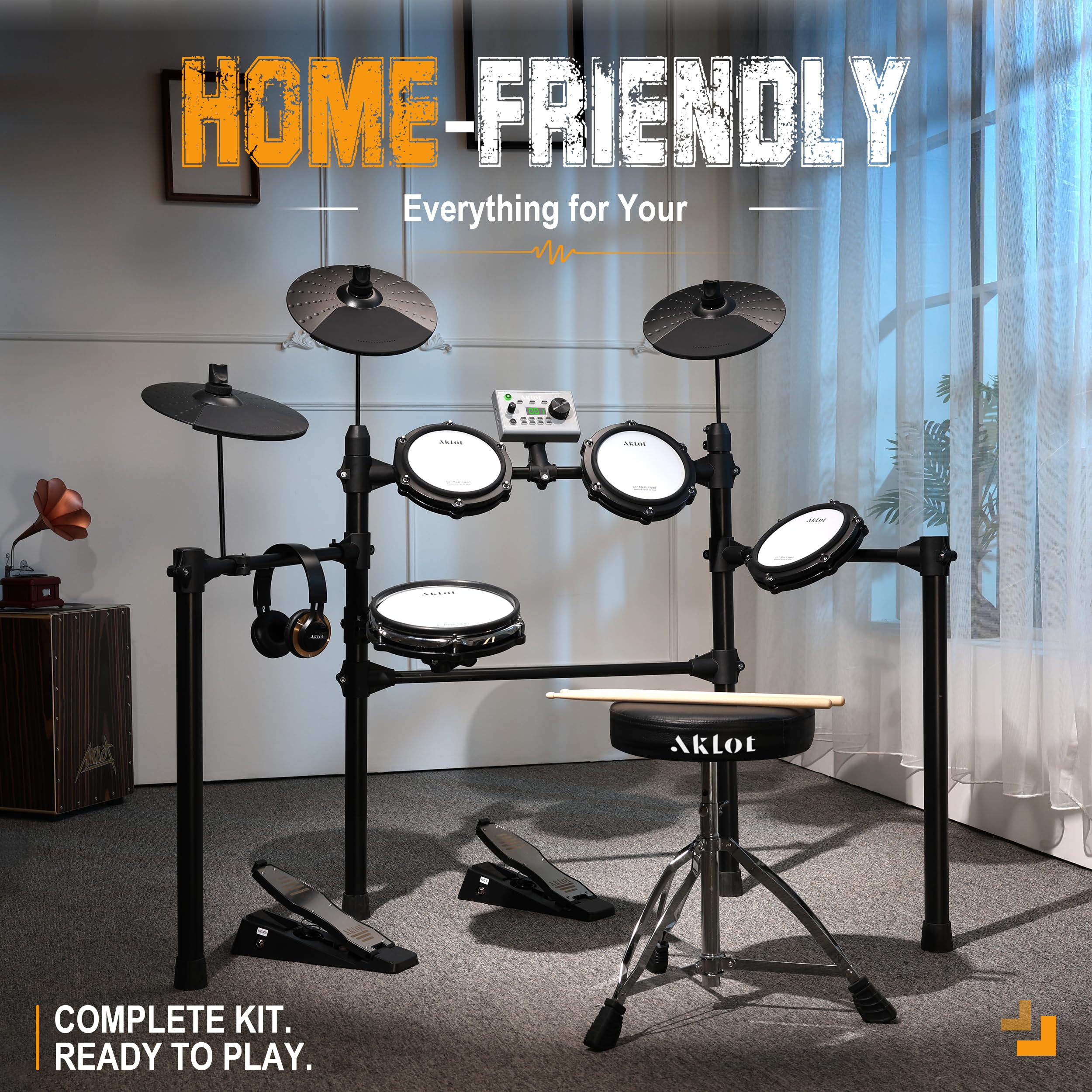 AKLOT Complete Electric Drum Set: 4 Dual-Zone Mesh Pads, Quiet Electronic Drum Set for Beginner with 8” Snare, 360 Sounds, Choke Cymbals, Throne, Headphone, Stick and Lesson Book, B-CORE530Pro, White