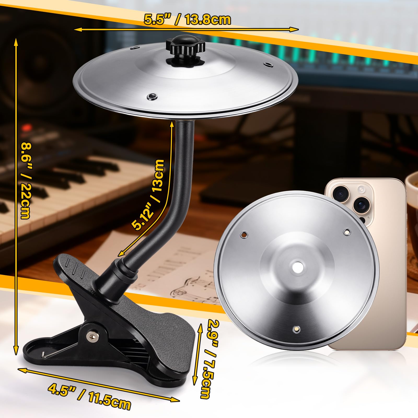 Facmogu Mini Desktop Crash Cymbal with Desk Clamp, Adjustable Bendable Arm