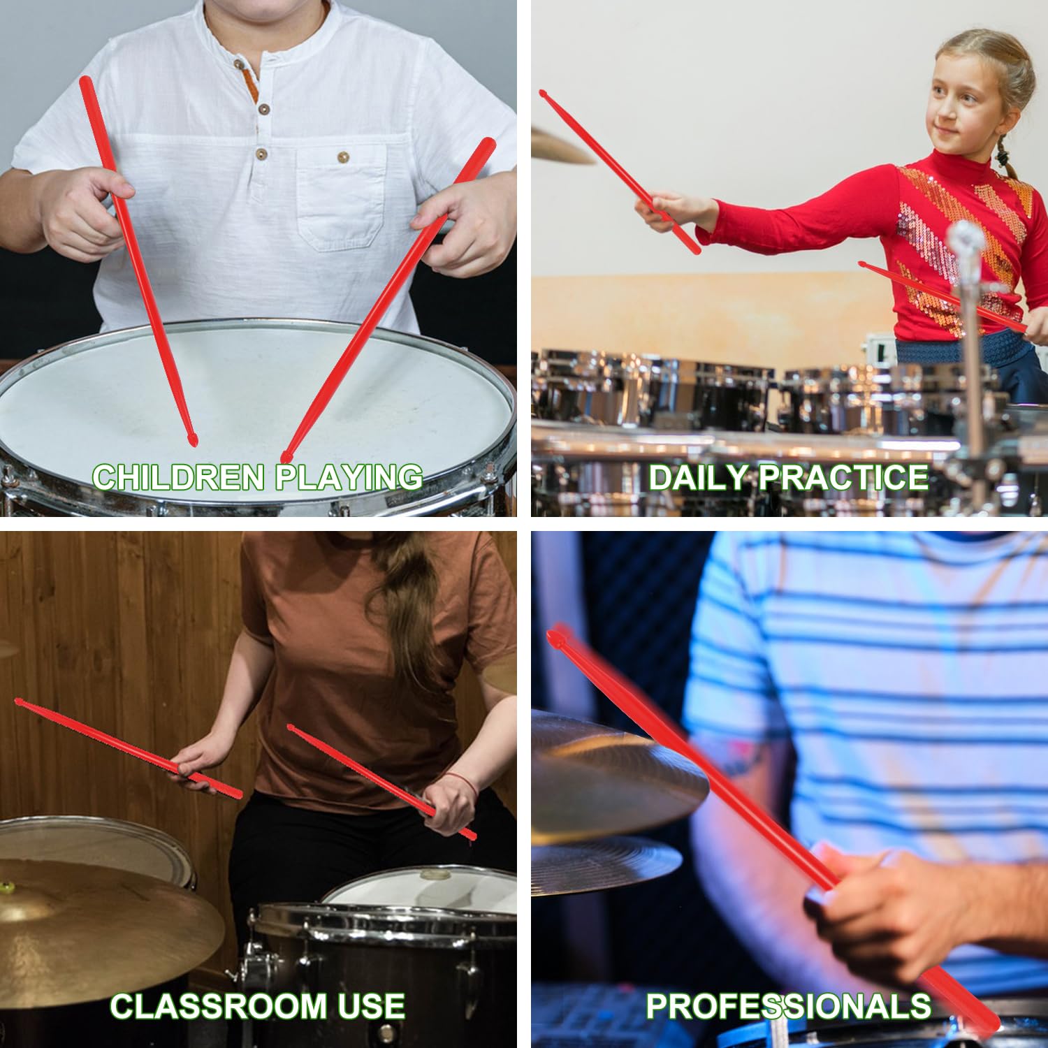 KUKLIPJIM 12 pairs Drumsticks, High-Quality 5A Drum Sticks, Red