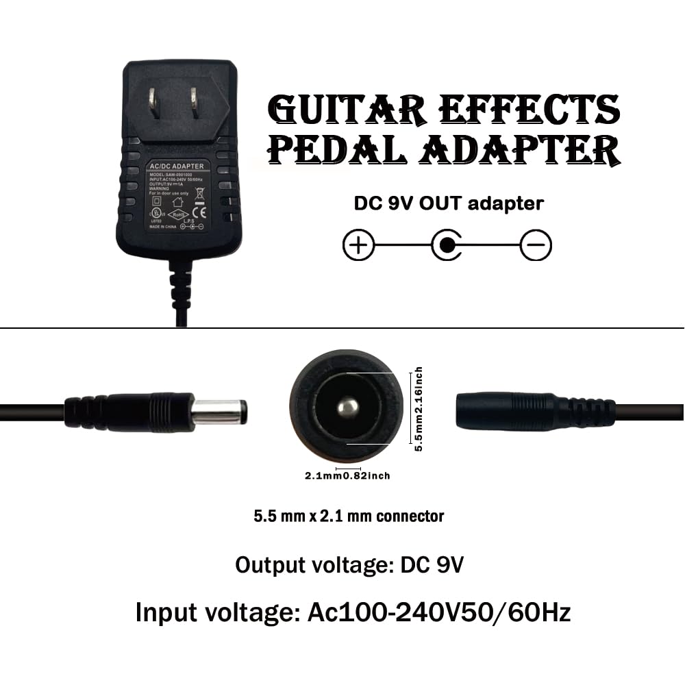Pigtone Guitar Pedal Power Supply Adapter 9V DC 1A Tip Negative 3 Way Daisy Chain Cables for Guitar Effect Pedal(Tip Negative)