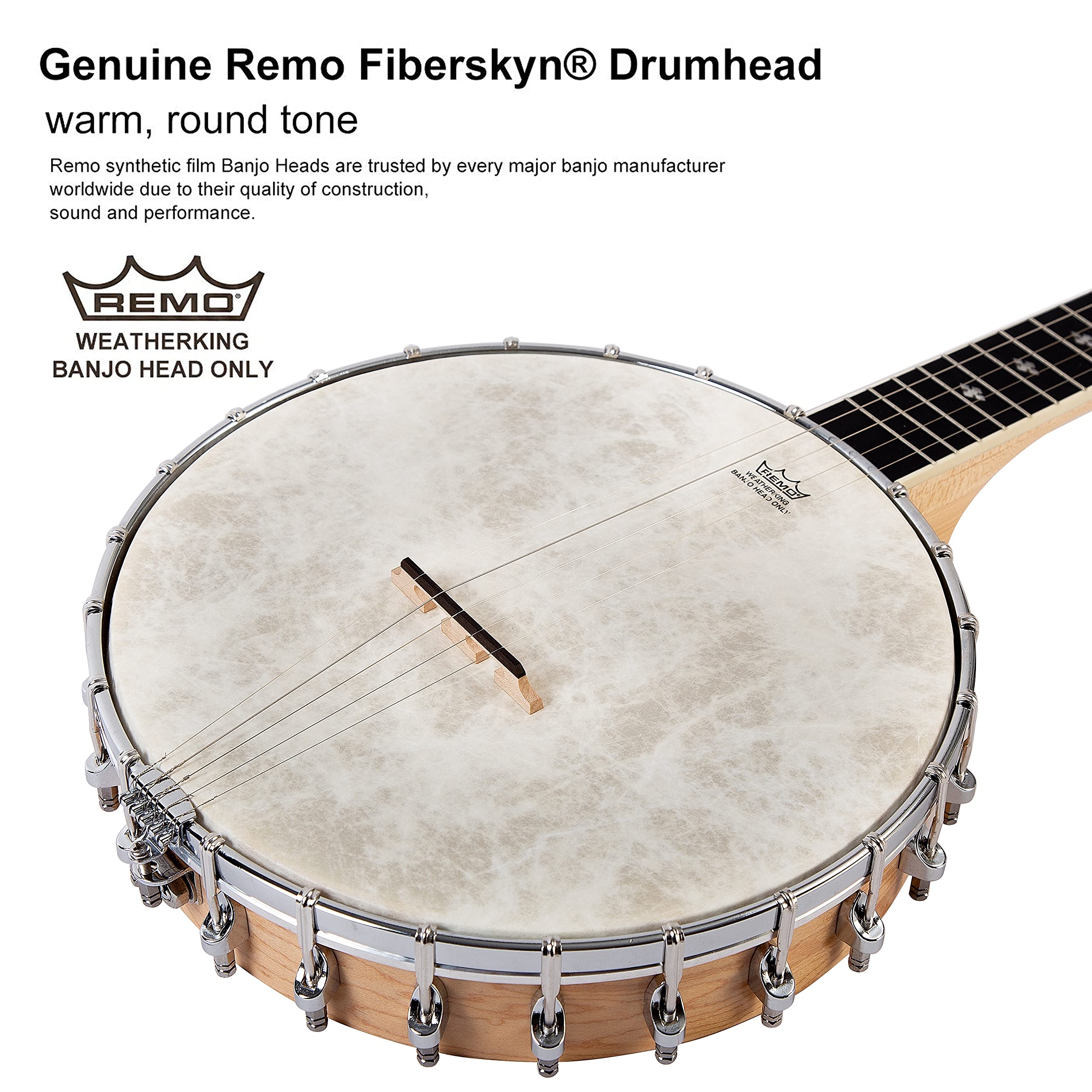 Mulucky 5 String Banjo – Full Size with 24 Brackets, Open Back, Maple Banjo with Remo Head, Geared 5th Tuner, Gift Package with Beginner Kit – B1102
