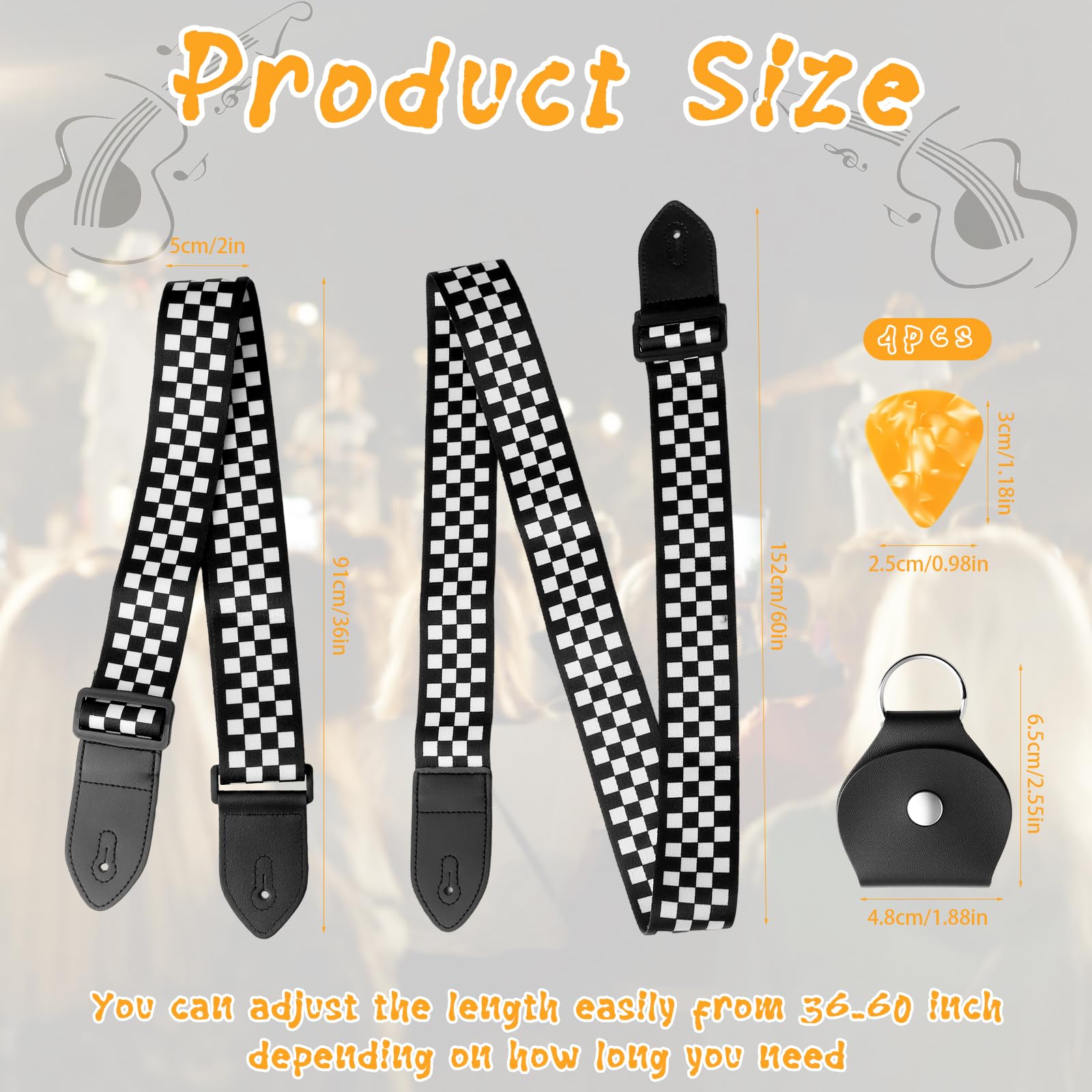 Black White Grid Guitar Strap, Stylish Acoustic Electric Guitar Strap