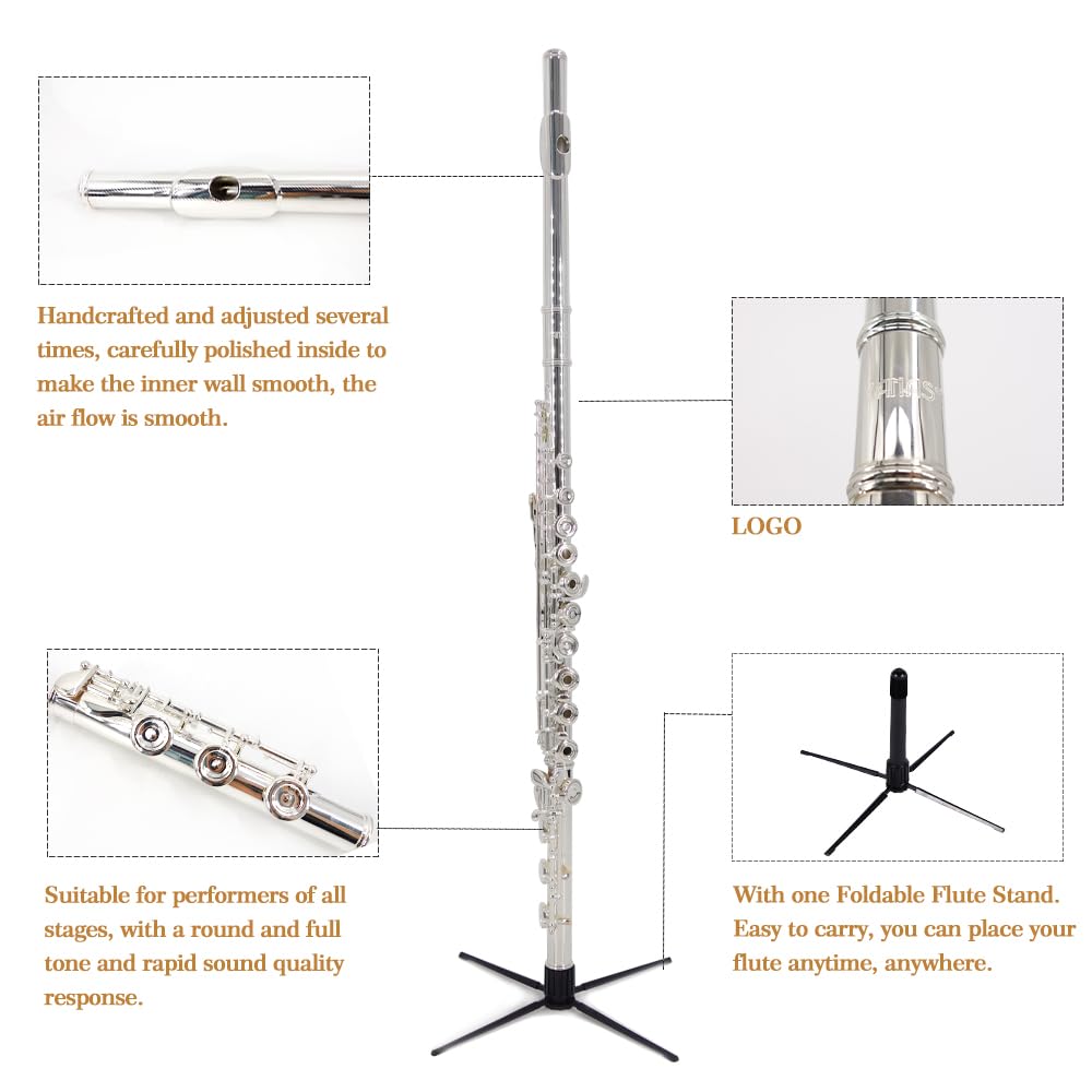YANASON C Flute Open Hole 17 Keys Flute Silver-plated for Beginner, Professionals and Musicians with Leather case, Metal stand, Gloves, Tuning Rod, Cleaning kit(17 Silver)