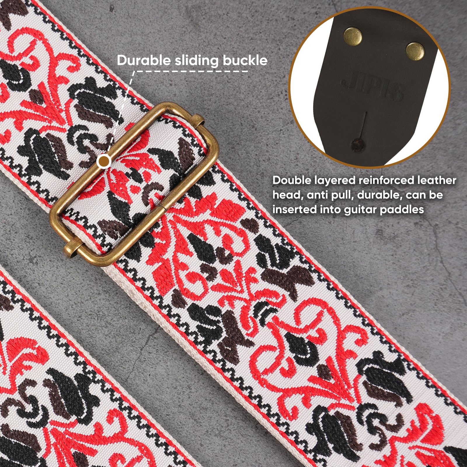 Guitar Strap,Jacquard Cotton Guitar Straps with Real Leather Ends for Acoustic,Electric Guitars and Bass,with Free 1 Head strap, 2 Anti Slip Buckle and 3 Guitar Picks (GS-75-5 Meter red jacquard)