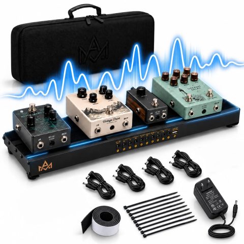 Powered Pedal Board – MA Global Goods Guitar Effects Setup – Large 19 x 5.1 Inches Aluminum Alloy Frame – Integrated Pedalboard With Power Supply System Includes Padded Carry Bag and Patch Cables
