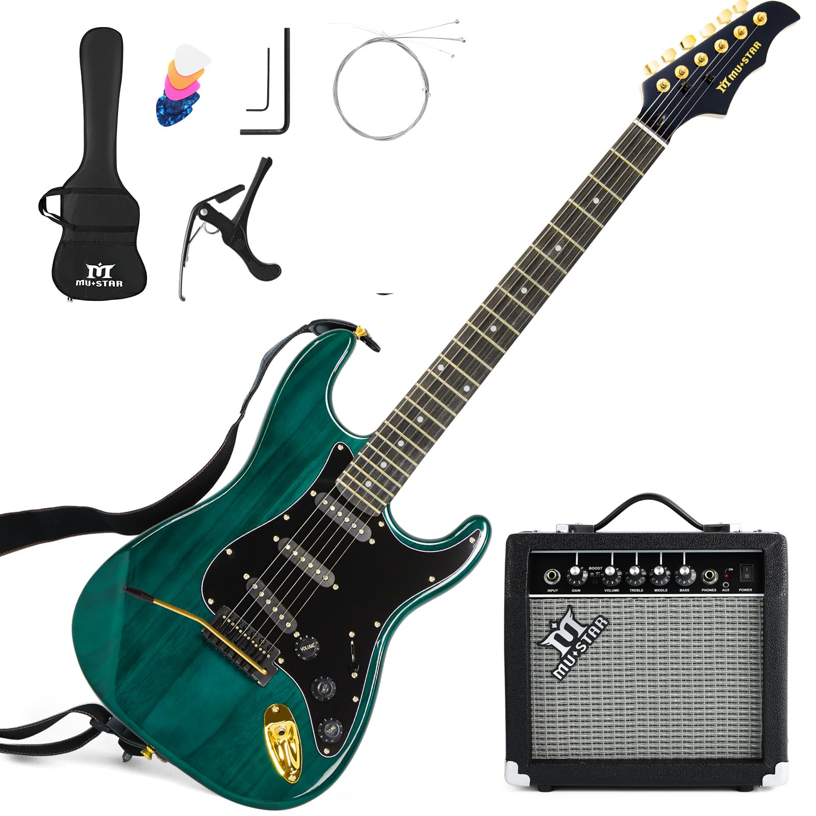 MUSTAR Electric Guitar Kit with 25W Amplifier, 39 Inch Full Size Solid Wood Electric Guitar Beginner Kits, Gig Bag, Digital Tuner, Capo, Strap, Cable, Picks, Birthday Holiday Gifts (Green, MEG-100)