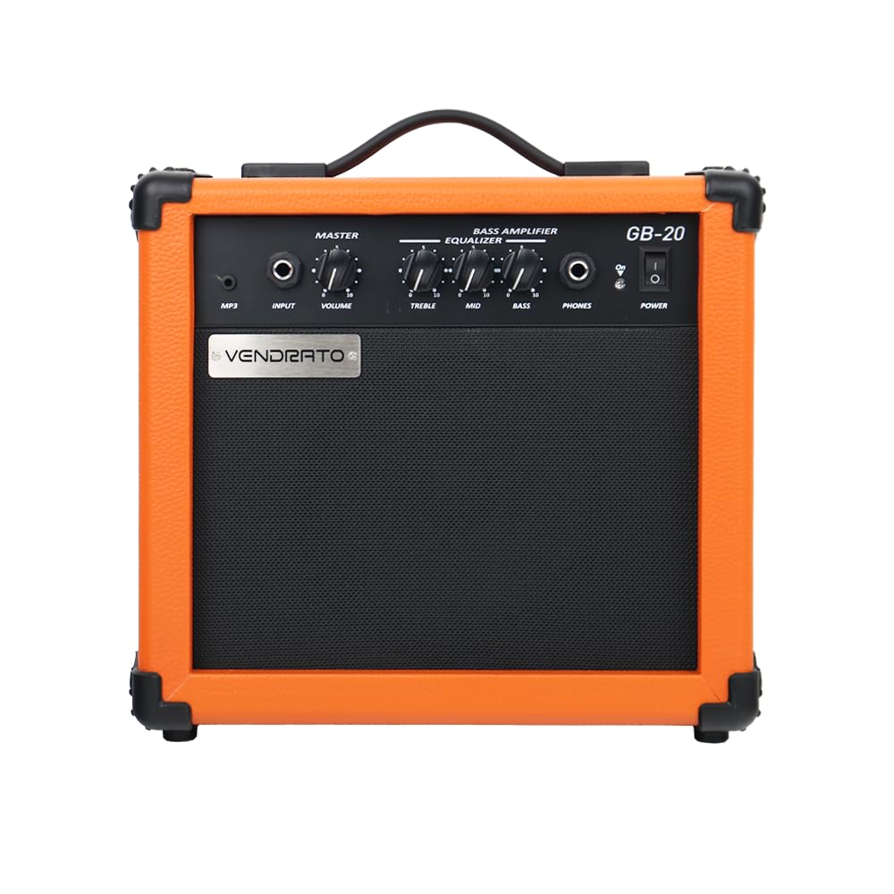 Vendrato Electric bass Amplifier 20w amp Orange Color Multi Band Treble Middle bass mp3 Headphone Jack Portable for Starter Beginner Travel Amp Practice noiseless Cable Picks and Adapter with