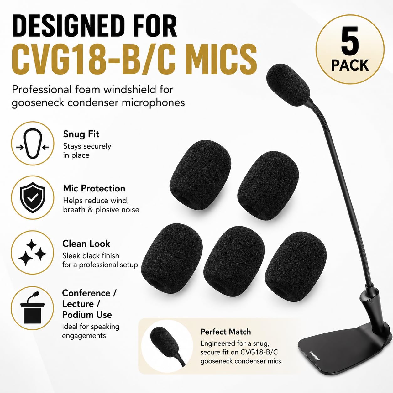 5-Pack Professional Foam Windshield for Shure CVG18-B/C – Studio-Grade Microphone Filter for Gooseneck Condenser Mics, Black Sponge Noise Reduction Covers