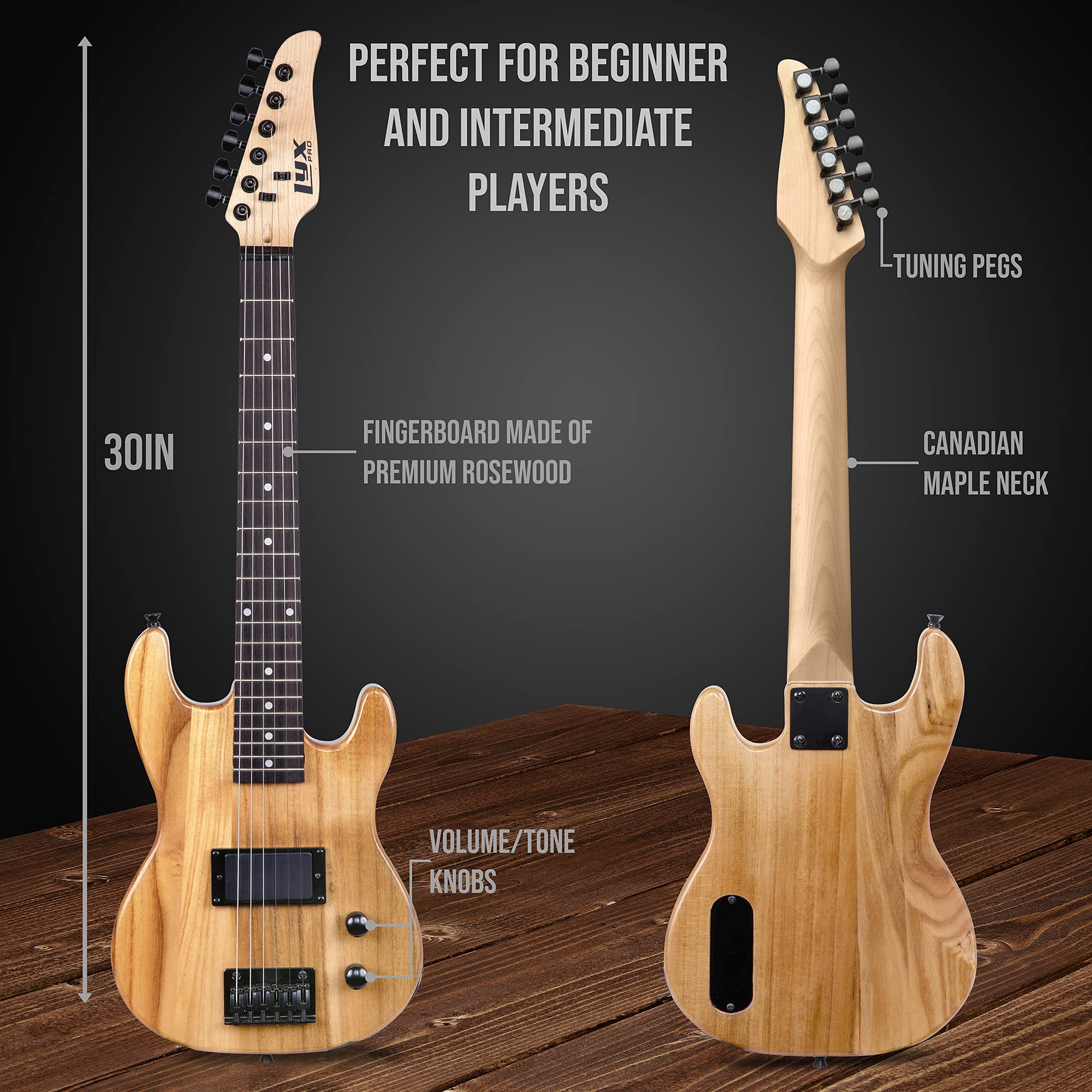 LyxPro 30 Inch Electric Guitar and Starter Kit for Kids with 3/4 Size Beginner’s Guitar, Amp, Six Strings, Picks, Shoulder Strap, Digital Clip On Tuner, Guitar Cable and Soft Case Gig Bag – Natural