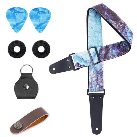 LIZIMANDU Adjustable Guitar Strap Includes 2 Strap Locks & 2 Matching Picks & 1 Picks Holder & 1 leather Strap Button(1-Printed Blue Quicksand)