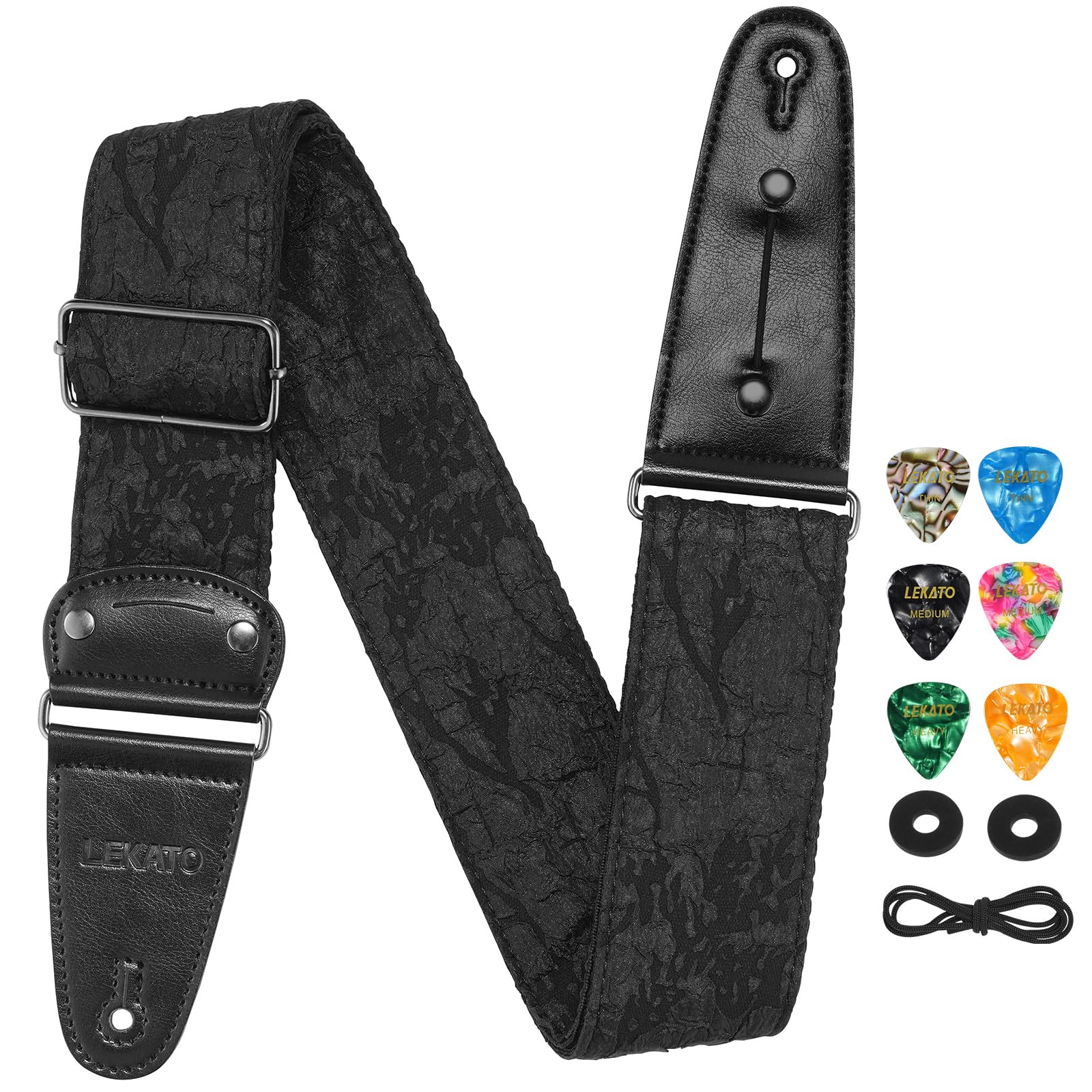 LEKATO Guitar Strap, Anaglyph Embossed Floral Pattern Guitar Straps for Electric Bass Acoustic Guitar 2.5″ Wide Bass Strap Padded Guitar Straps with Picks & Blocks, Cable Fixing, Black