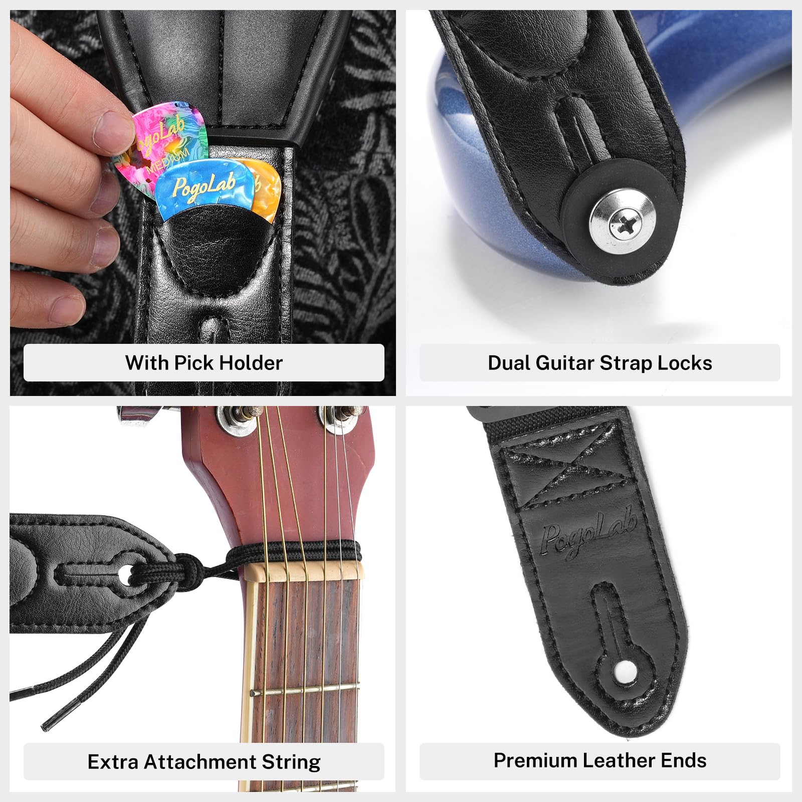 POGOLAB Guitar Strap, 3.5″ Wide Air Cell Cushions Neoprene Padded Soft Comfortable Bass Strap, Adjustable Length from 47″ to 55″ with Strap Locks & Picks, for Bass Electric Guitar (Regular) Black