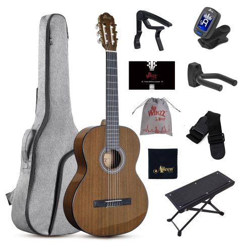 WINZZ 4/4 Classical Guitar, 39 Inch Full Size Nylon String Guitar for Beginner Adults, Full Classic Guitar Kit with Free Lessons, Gig Bag, Footstool, Capo, Tuner, Hanger and Strap (Glossy Tan)