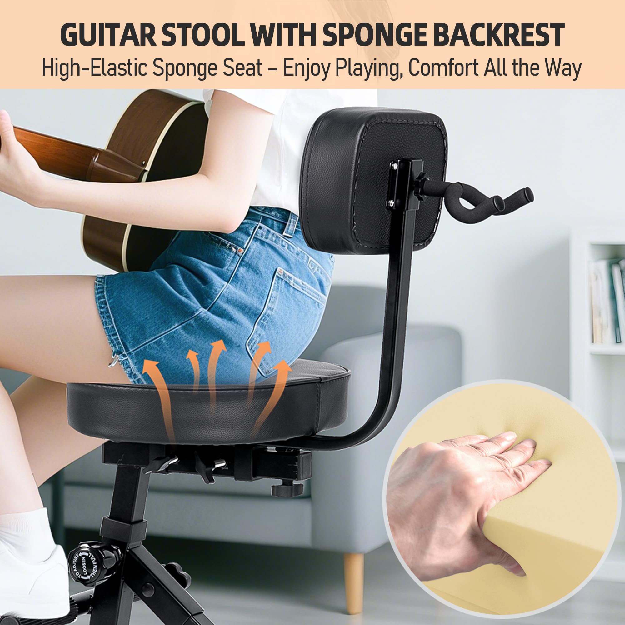 TIZECO Adjustable Guitar Stool with Backrest, Standard Guitar Seat Drum Seat, Adjustable Drum Throne,Musicians Throne