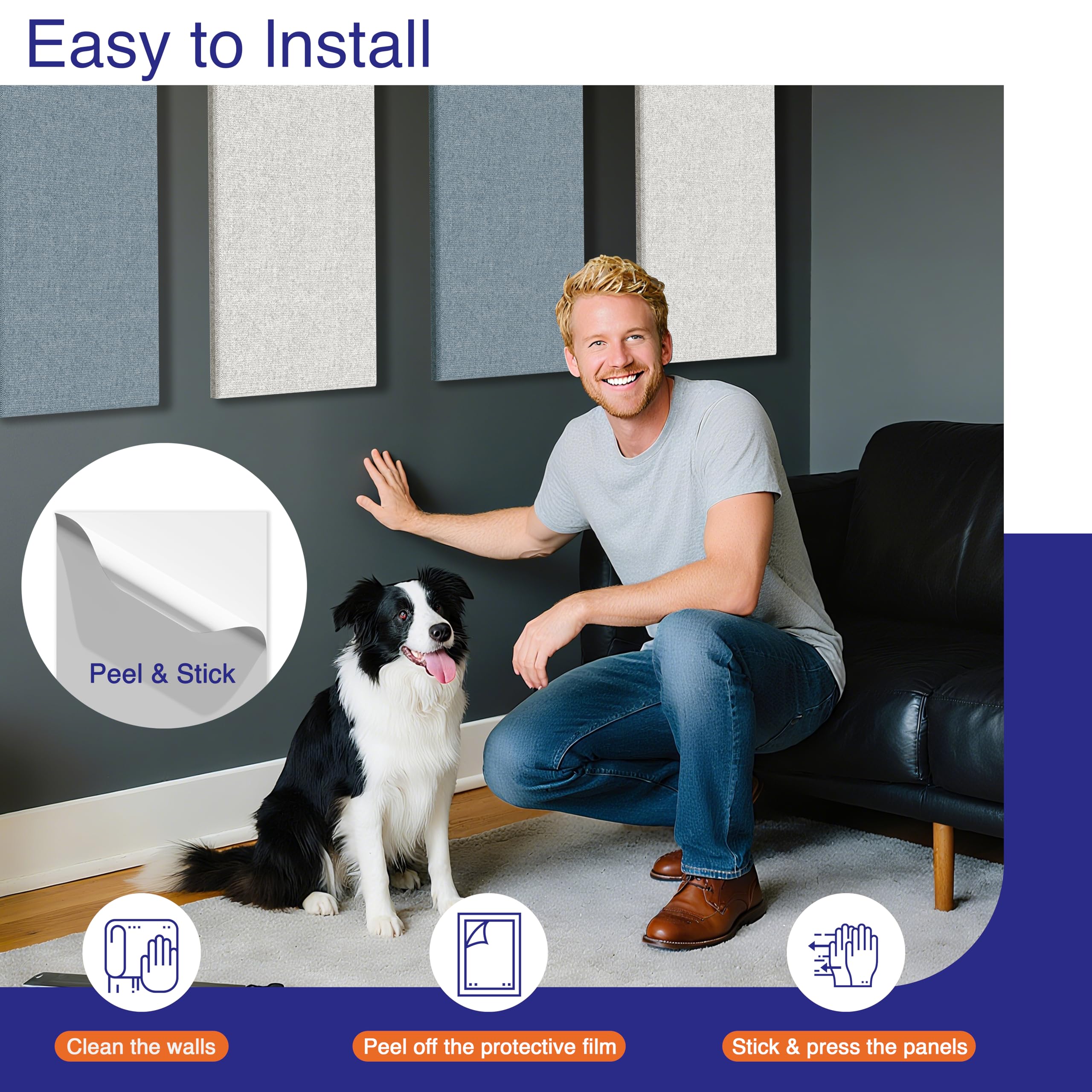 Reverbeon 4PCS Acoustic Panels, 24″x12″ Fabric Acoustic Panels for Walls, Self-Adhesive Sound Absorbing Panels for Home, Office, Studios (Slate Navy & Chalk White)