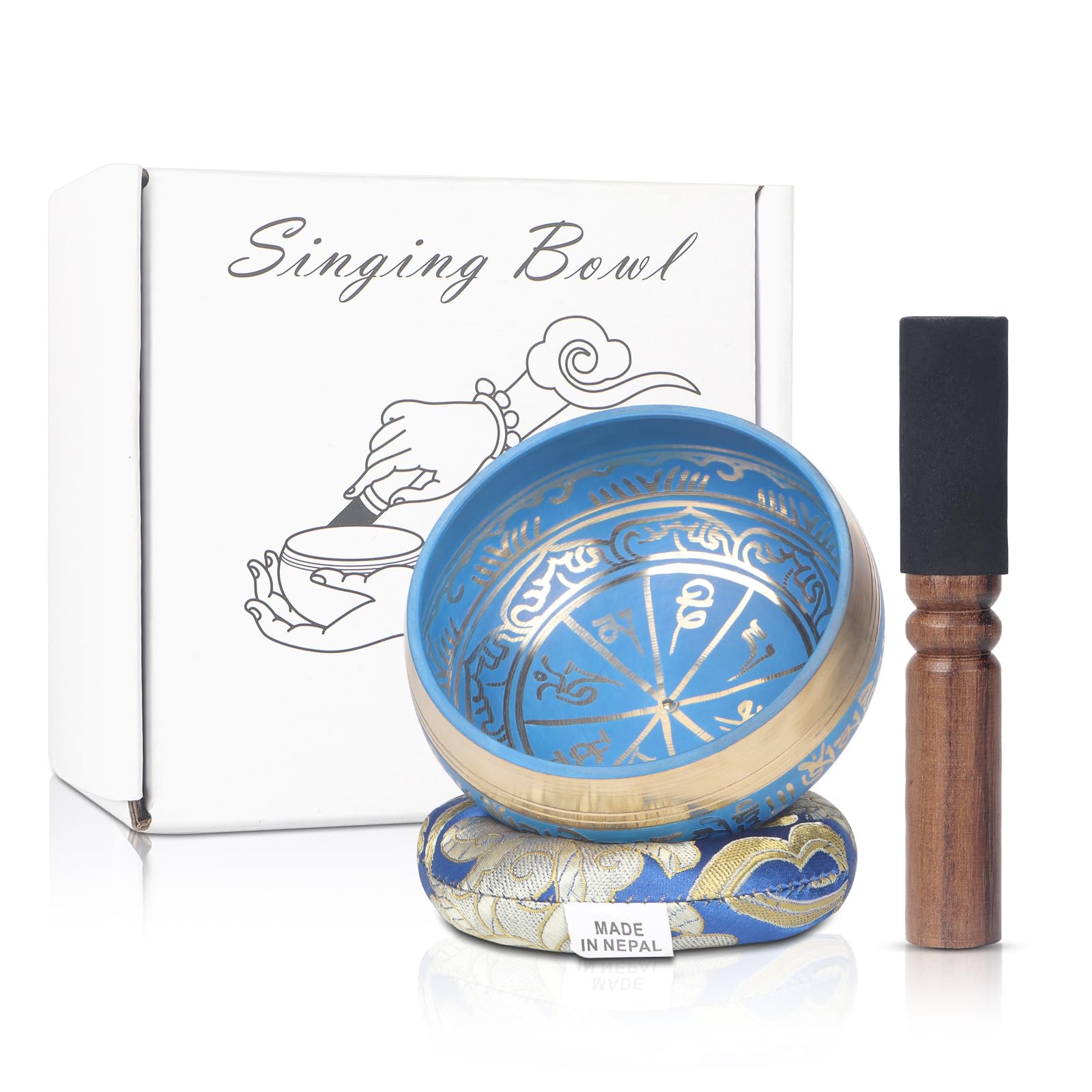 Kmise Tibetan Singing Bowls Set- Handmade in Nepal Meditation Sound Bowls for Yoga, Meditation, Mindfulness, Healing and Chakra Balancing, Stress Relief (3.5′, Blue)