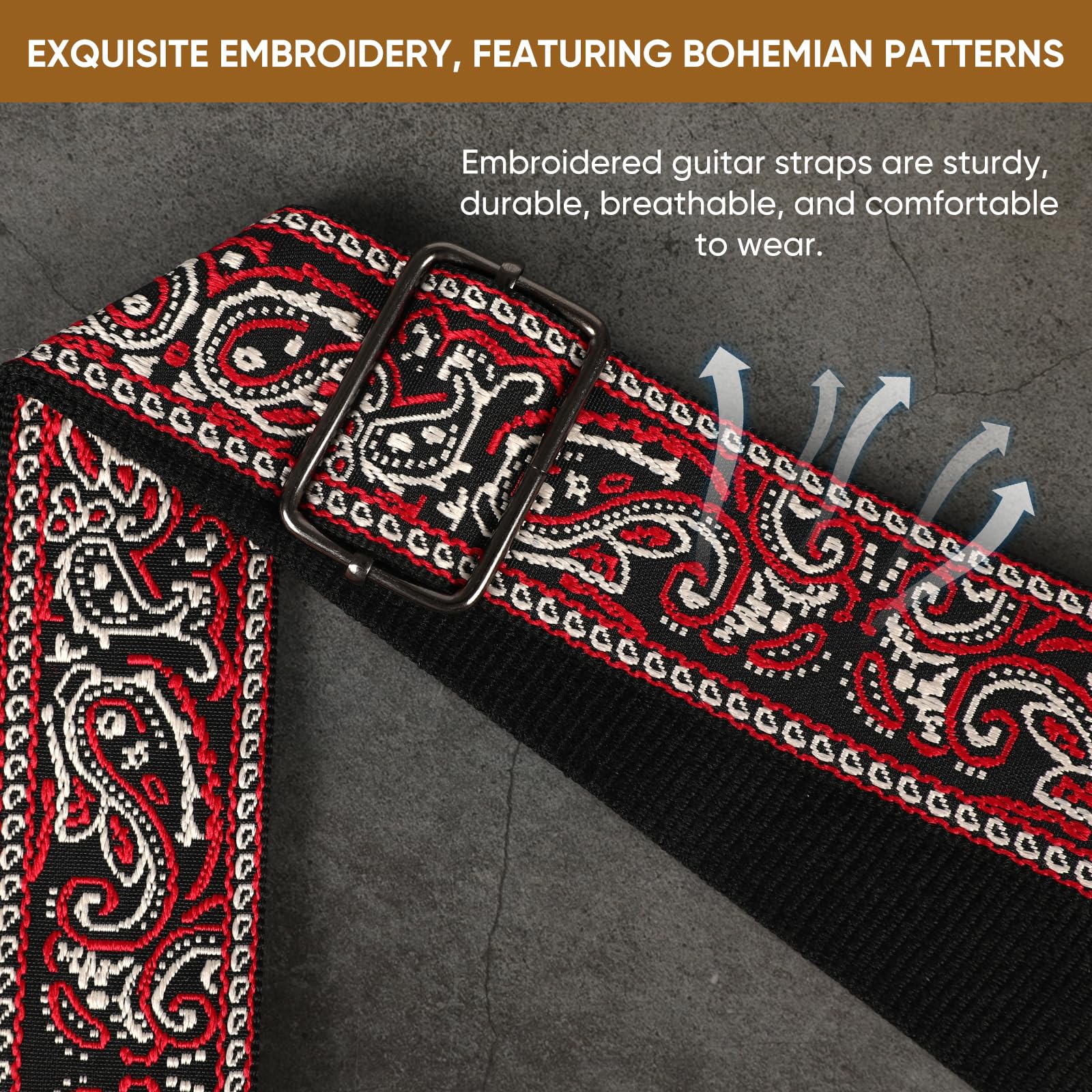 JIPIS Embroidered Cotton Guitar Strap – Adjustable Length with Anti Slip Buckles, Free Head Strap, 3 Guitar Picks (GS-08-1 Red Embroidery)