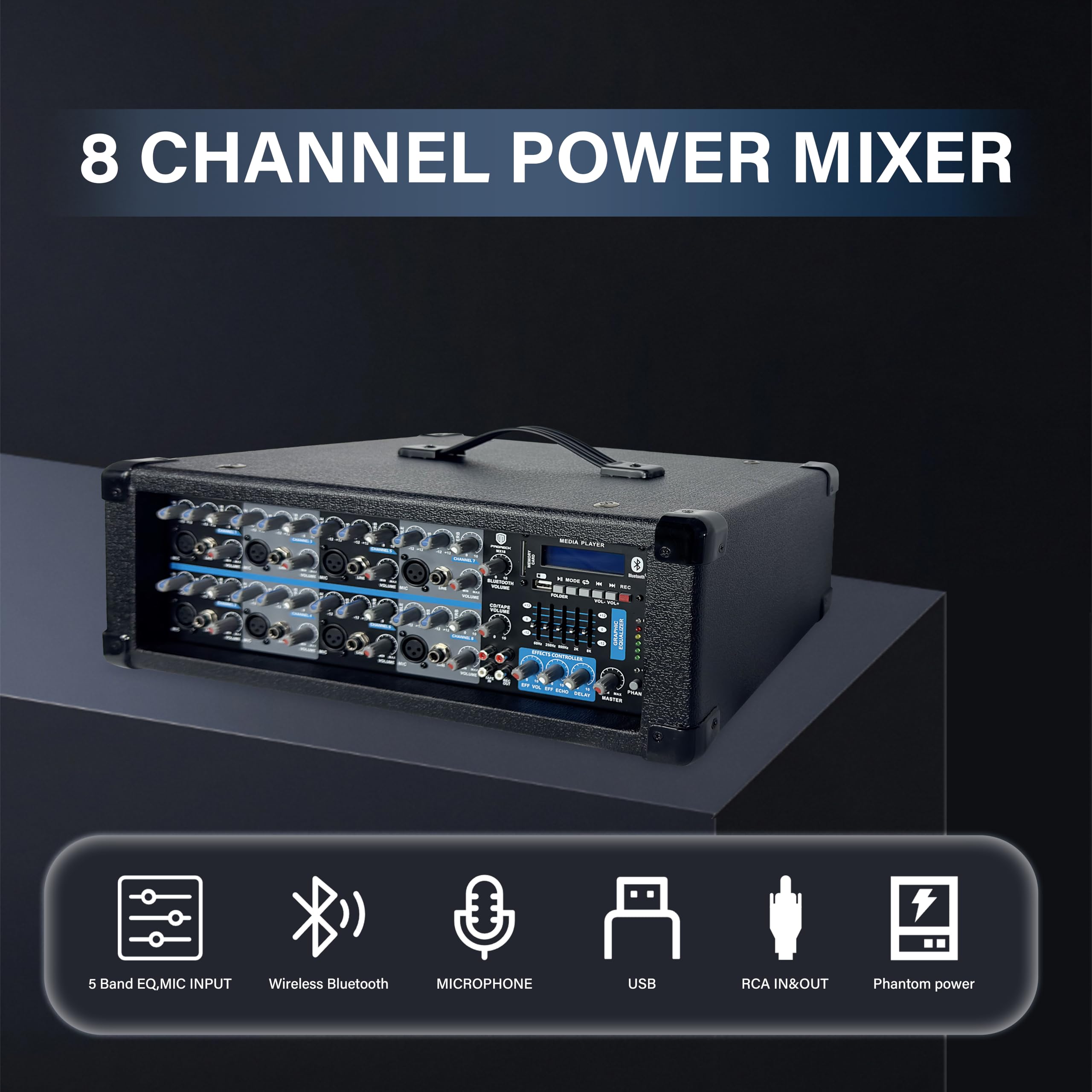PRORECK Delta 158 2400W Bluetooth PA Speaker System with 8-Channel Powered Mixer, 2 15-Inch Passive Speakers, Stands, Reverb Effects, 15V Phantom Power. Perfect for DJs, Bands, Karaoke, Live Events.