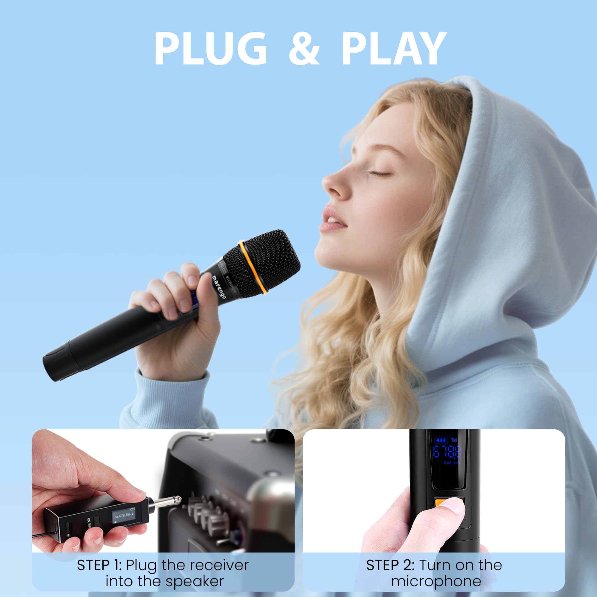 Wireless Microphones, All-Metal Dual UHF Mics, 40H Battery, 260FT Max Range