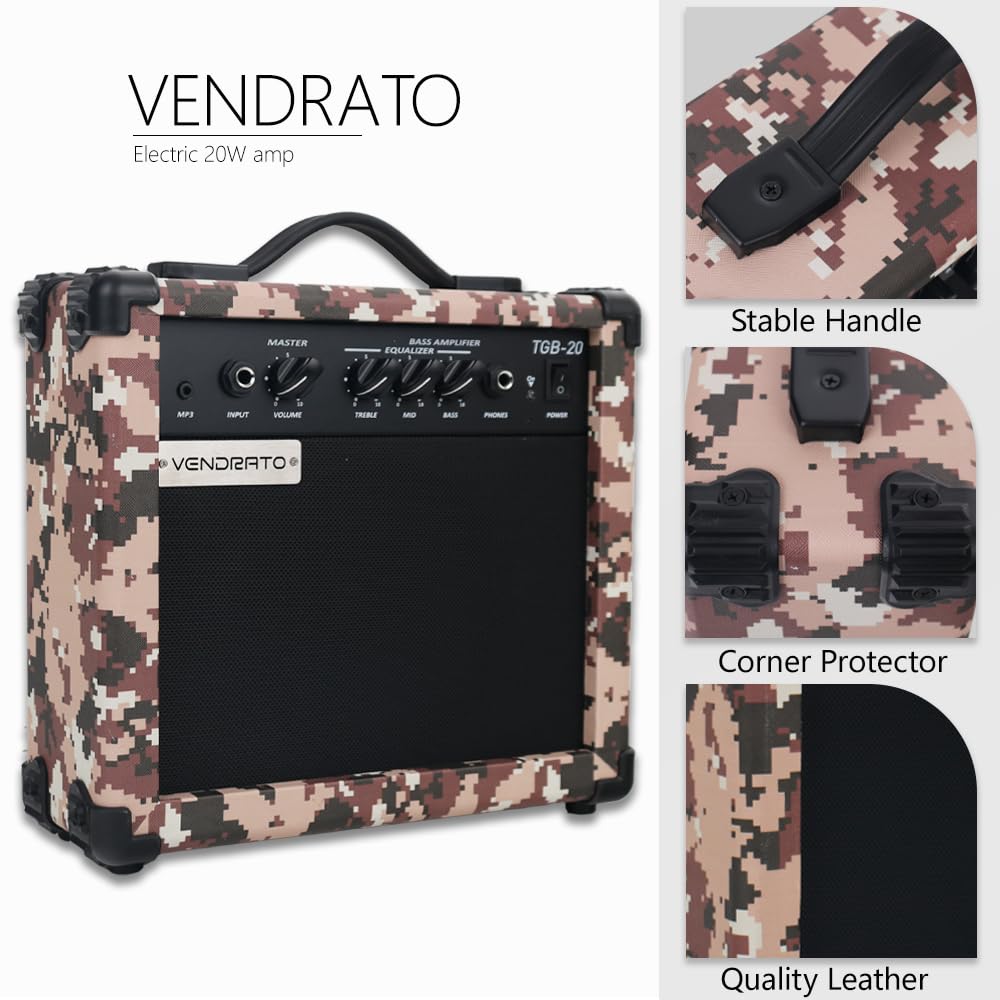 Electric Bass Guitar Amplifier Pixel Camo 20W Amp Peach Pink Color Aux Input Treble Middle Bass Headphone Power 6.5Inch Speaker Portable Size for Starter Beginner Practice Home and Outside