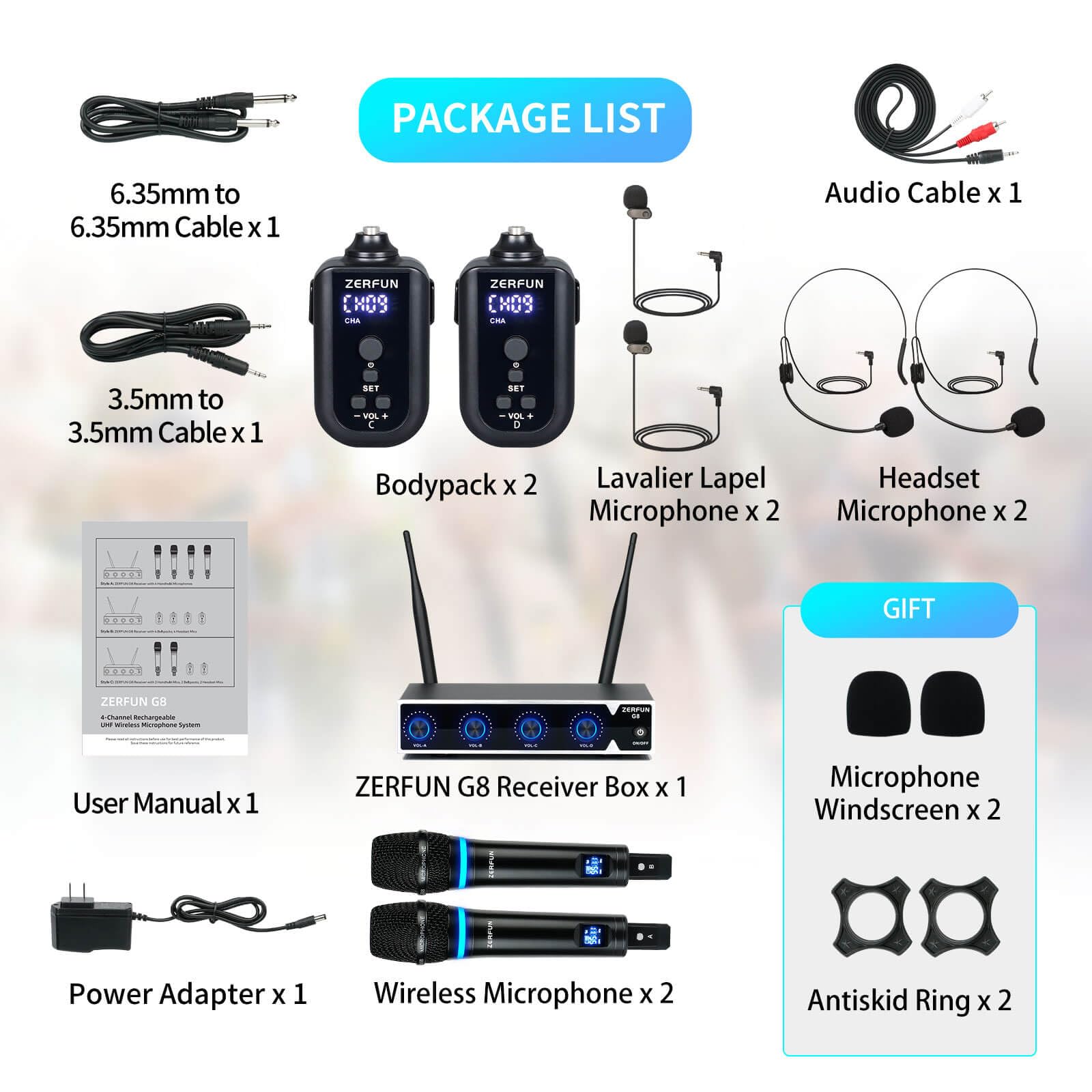ZERFUN 4 Channel Rechargeable Wireless Microphone System (G8)