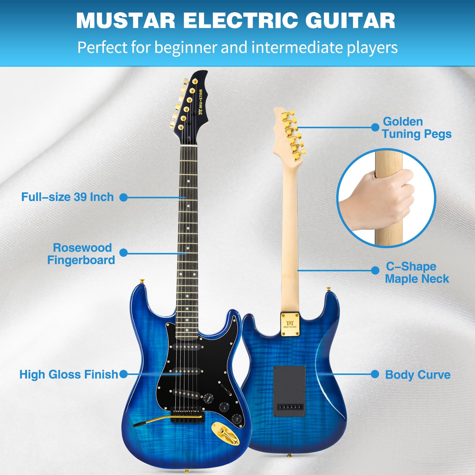 MUSTAR Electric Guitar Kit, 39 Inch Full Size Solid Wood Electric Guitar Beginner Kits with 25W Amplifier, Gig Bag, Digital Tuner, Capo, Strap, Cable and Picks, Blue