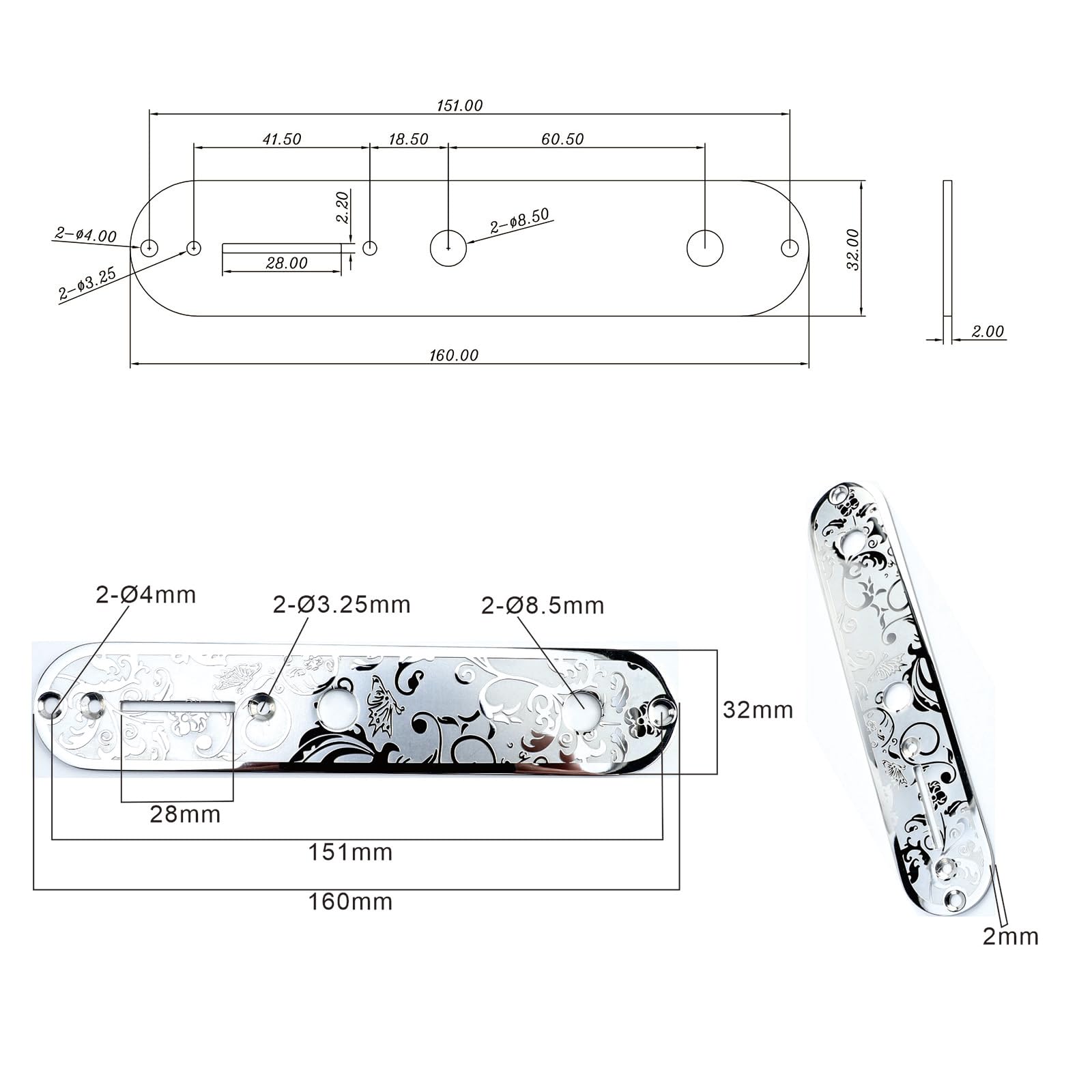 OVSAL Stainless Steel Engraved Electric Guitar Control Plate 2-Hole Mount 8.5mm (21/64″) Control Panel Compatible with Most Telecaster Tele Style Guitar Replacement Parts(Chrome)